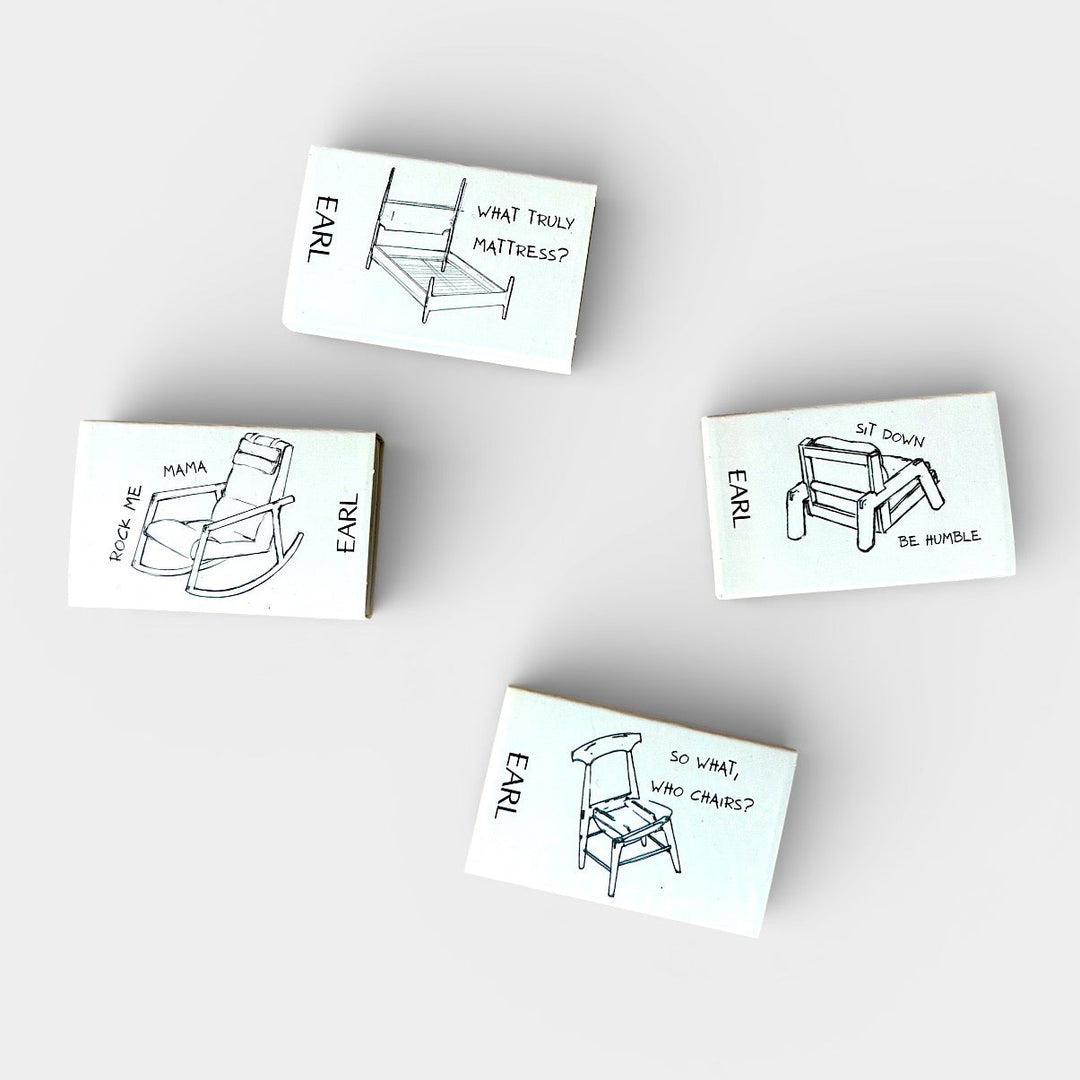 Set of four small cards with black line drawings and text on a white background