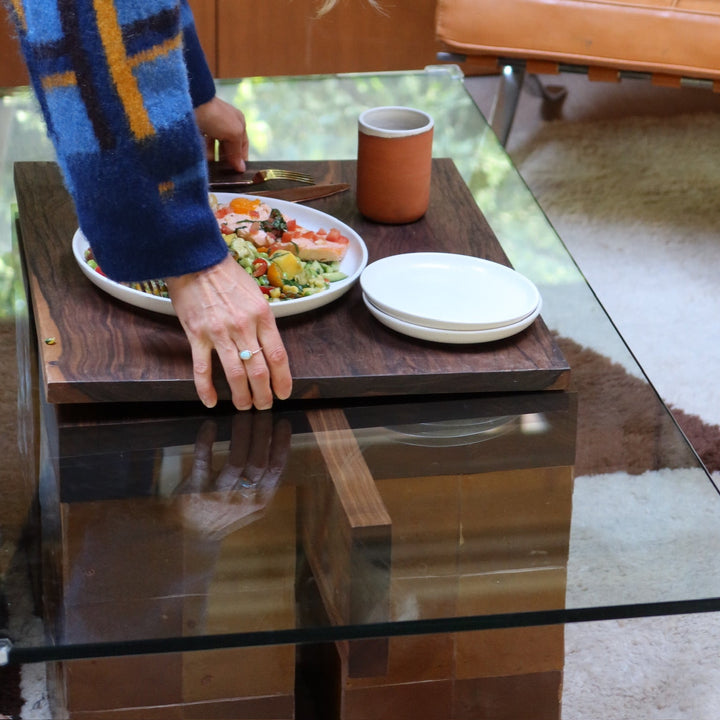 Custom zellige tiled coffee table for Sarah Carter with Moon House featuring a handmade walnut and clear rectangle glass top.