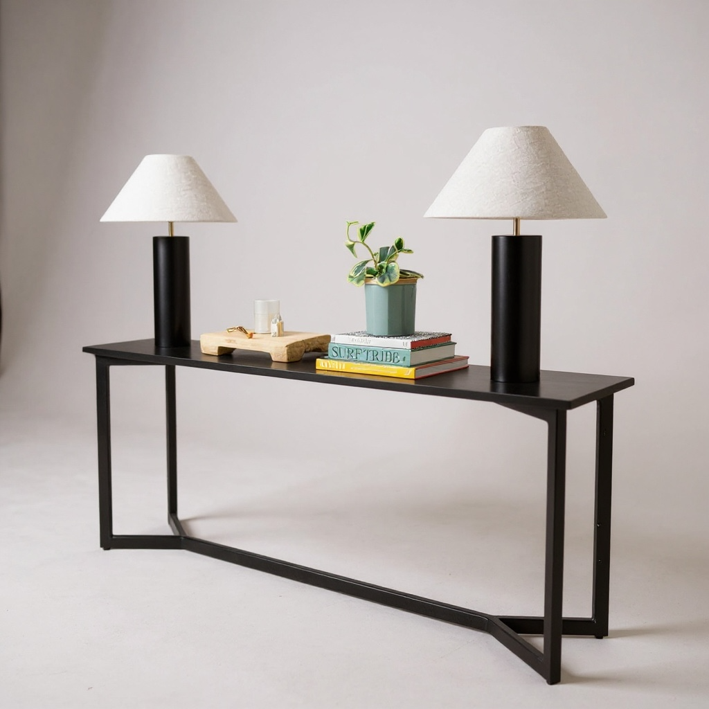Black ebonized oak mid century modern console table with two lamps and interior designer decorative items. Perfect entry way table.