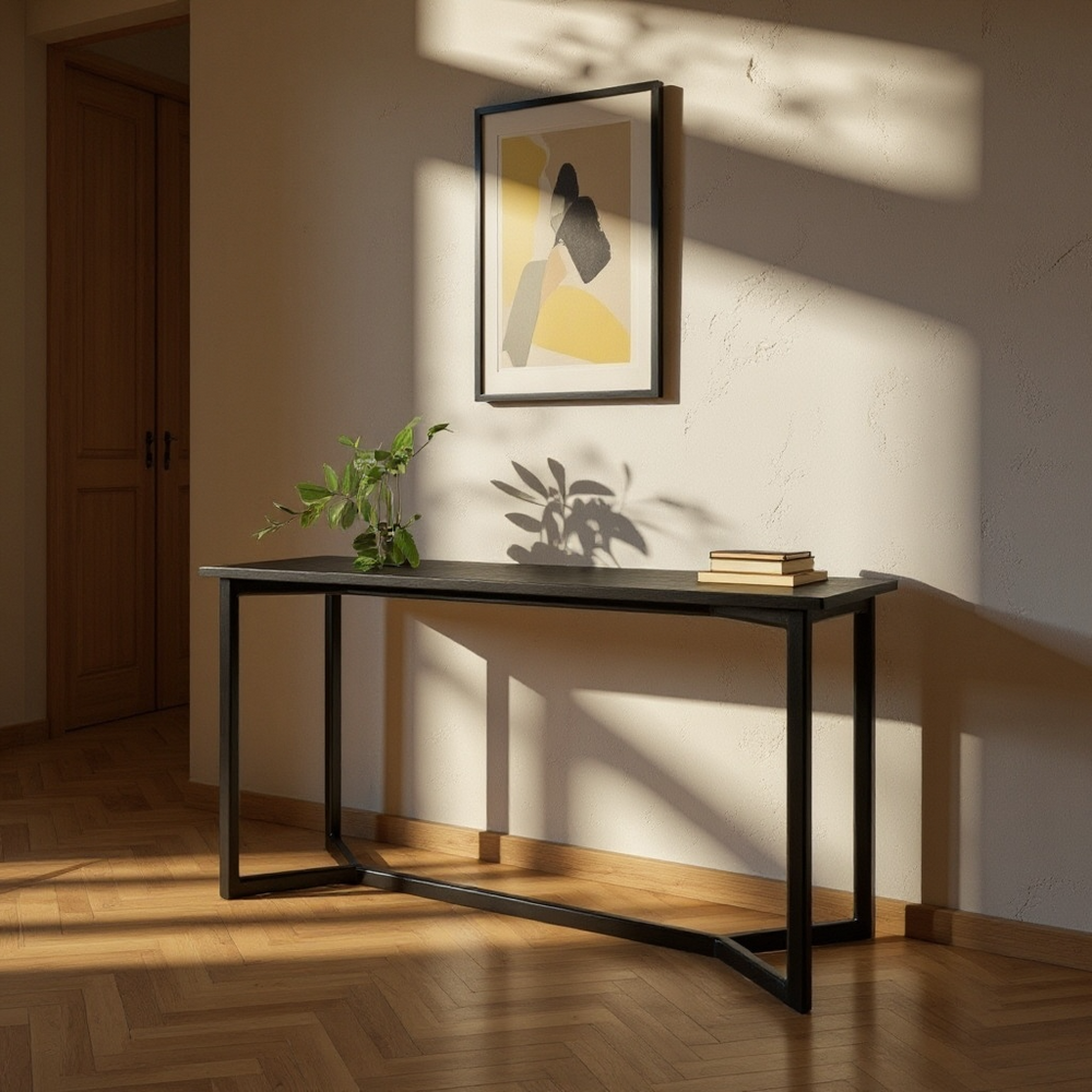 Black ebonized oak mid century modern console table with two lamps and interior designer decorative items. Perfect entry way table.