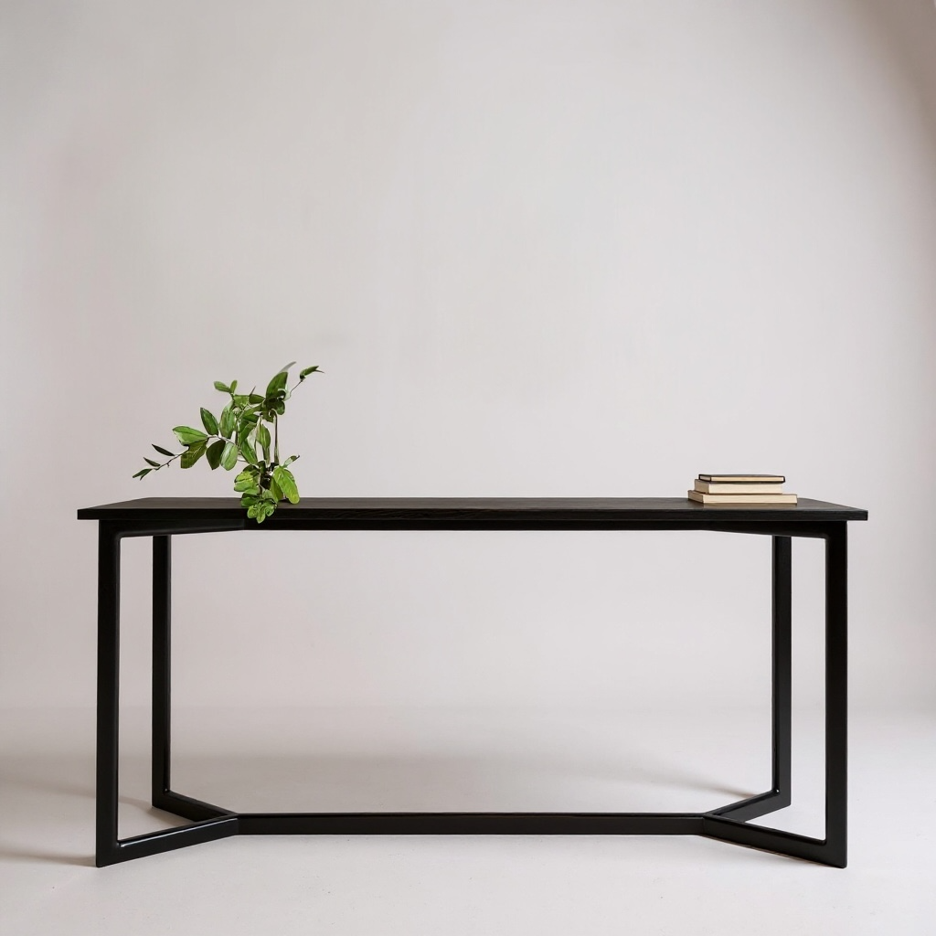 Black ebonized oak mid century modern console table with two lamps and interior designer decorative items. Perfect entry way table.