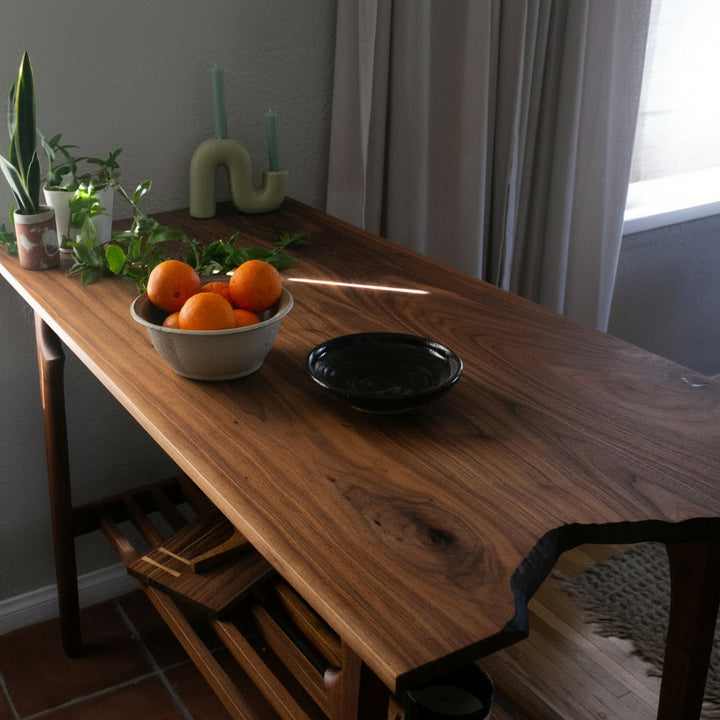 Solid Walnut wooden bread board or kitchen island with a slatted shelf for all of your cook books or produce baskets. 