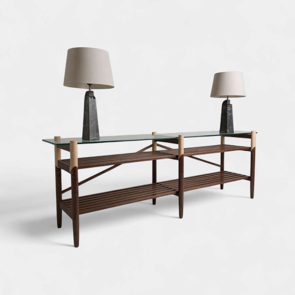 Hand-turned solid wood base. Polished clear tempered glass top. Fine brass accents. Handmade or hand crafted furniture made of Walnut and Maple.