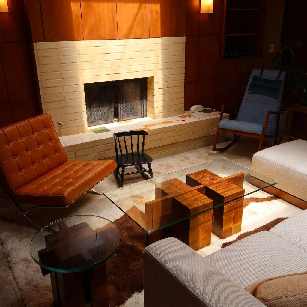 A mid-century modern living room featuring a tufted orange leather lounge chair, a black spindle-back chair, a glass-top coffee table with wooden block supports, and a brick fireplace in the background.