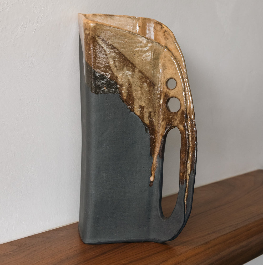 Square shaped pitcher in charcoal clay with a brown Carmel glaze on top. Hand sculpted from slab rolled clay in Los Angeles, california. Made in America 