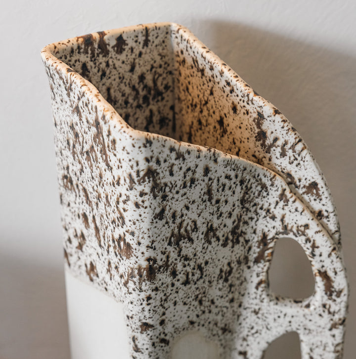 Square shaped pitcher in bmix ivory clay with a brown speckle glaze on top. Hand sculpted from slab rolled clay in Los Angeles, california. Made in America 