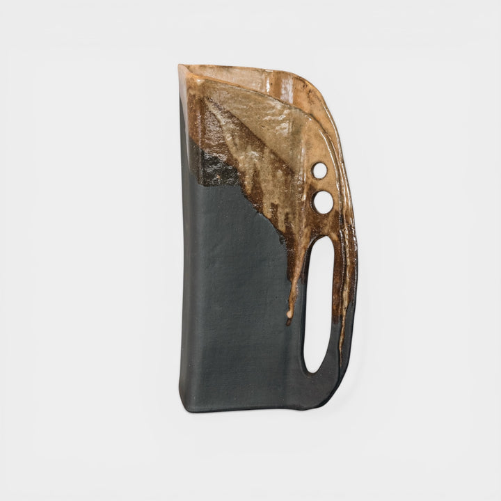 Square shaped pitcher in charcoal clay with a brown Carmel glaze on top. Hand sculpted from slab rolled clay in Los Angeles, california. Made in America 