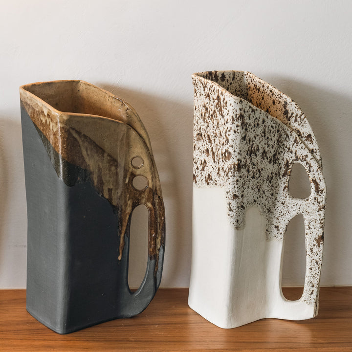 Square shaped pitcher in bmix ivory clay with a brown speckle glaze on top. Hand sculpted from slab rolled clay in Los Angeles, california. Made in America 