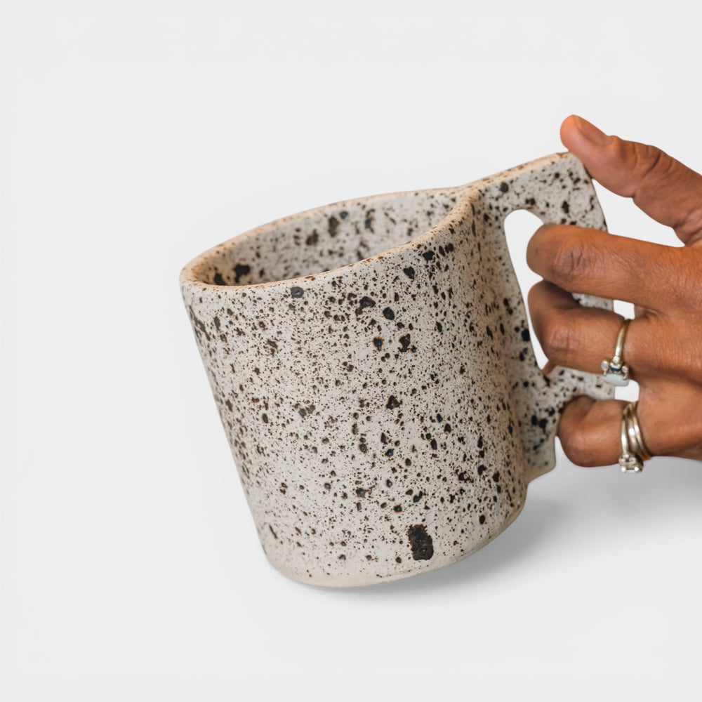 Hand sculpted extra large Ceramic mug with speckle design. Slab rolled hand built in Los Angeles, California. Made in America.