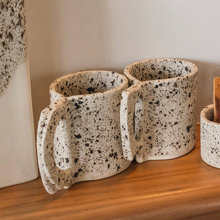 Hand sculpted Ceramic mug with speckle glaze. Slab rolled hand built in Los Angeles, California. Made in America.