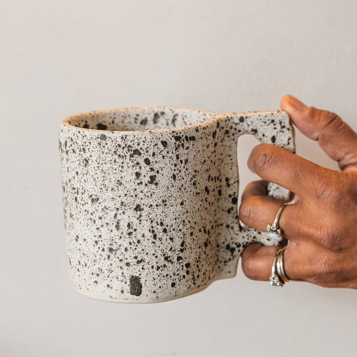 Hand sculpted Ceramic mug with two-tone design. Slab rolled hand built in Los Angeles, California. Made in America.