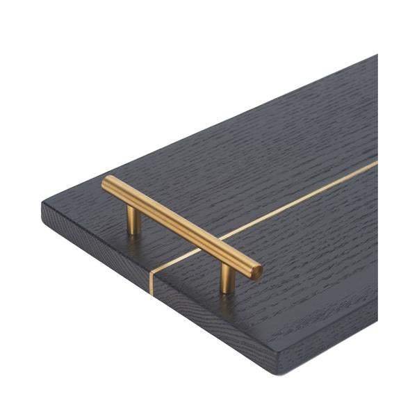 The RECTANGLE Service Tray by Earl Home is a handcrafted, two-tone wooden serving board with elegant brass handles, featuring a light and dark wood design akin to a classic brass tray.