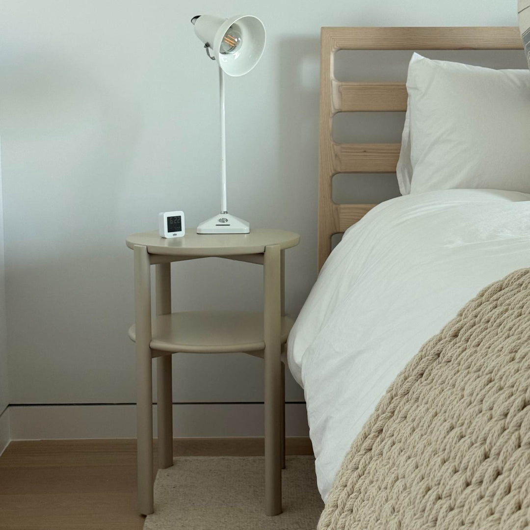 Solid wood ash bed and lacquered handmade bedside table. The double tiered nightstand is perfect for bedside storage in your bedroom. Hand crafted in Los Angeles, California.