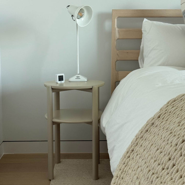 Solid wood ash bed and lacquered handmade bedside table. The double tiered nightstand is perfect for bedside storage in your bedroom. Hand crafted in Los Angeles, California.