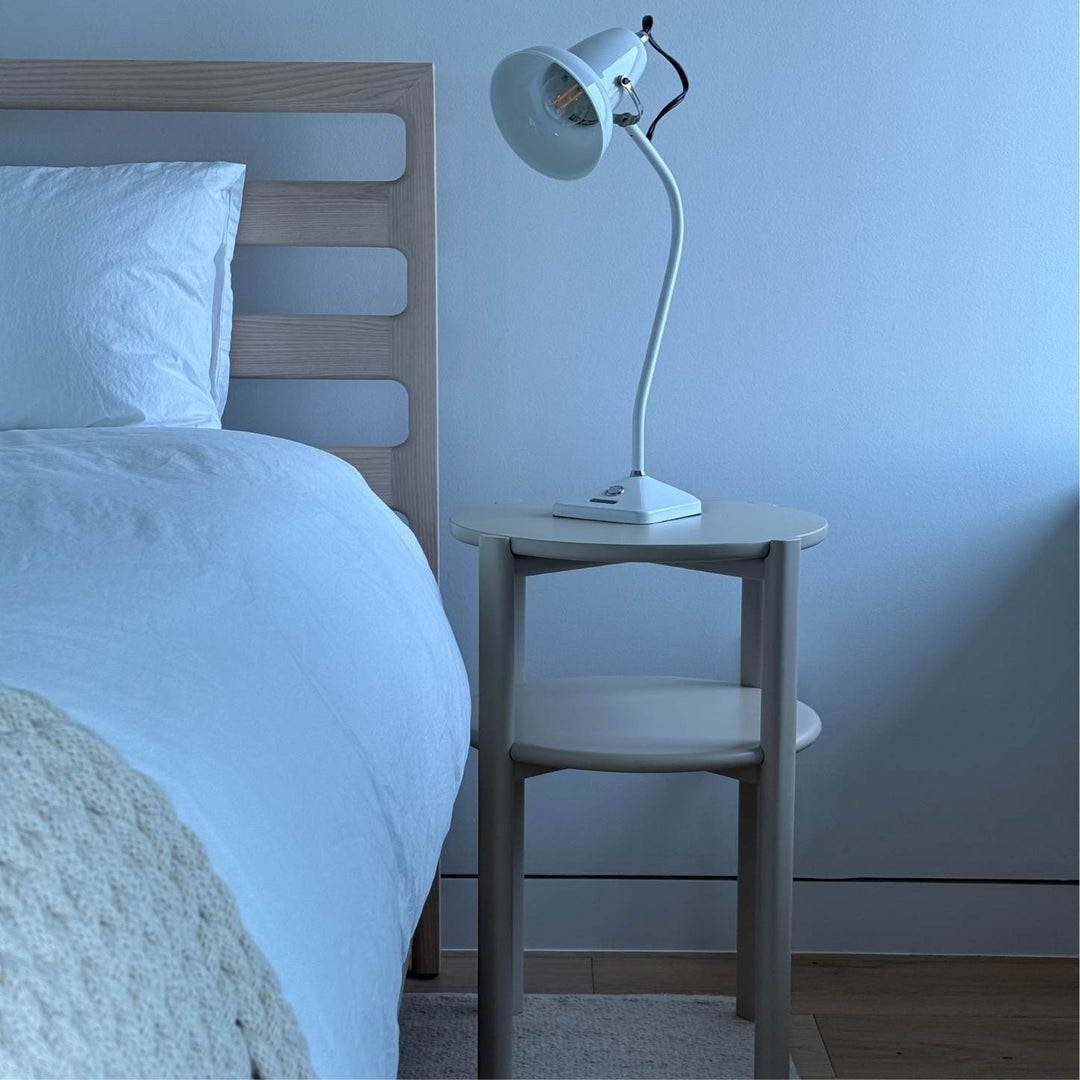 Solid wood ash bed and lacquered handmade bedside table. The double tiered nightstand is perfect for bedside storage in your bedroom. Hand crafted in Los Angeles, California.