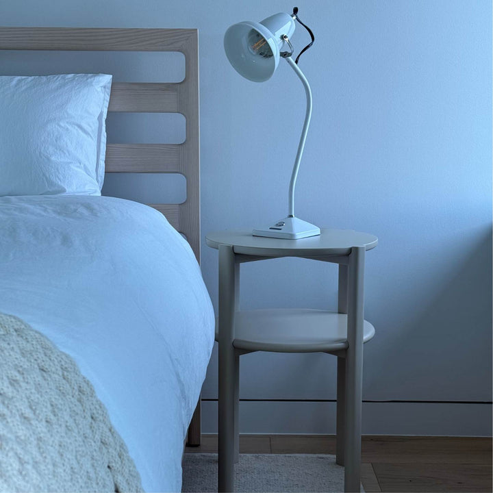 Solid wood ash bed and lacquered handmade bedside table. The double tiered nightstand is perfect for bedside storage in your bedroom. Hand crafted in Los Angeles, California.