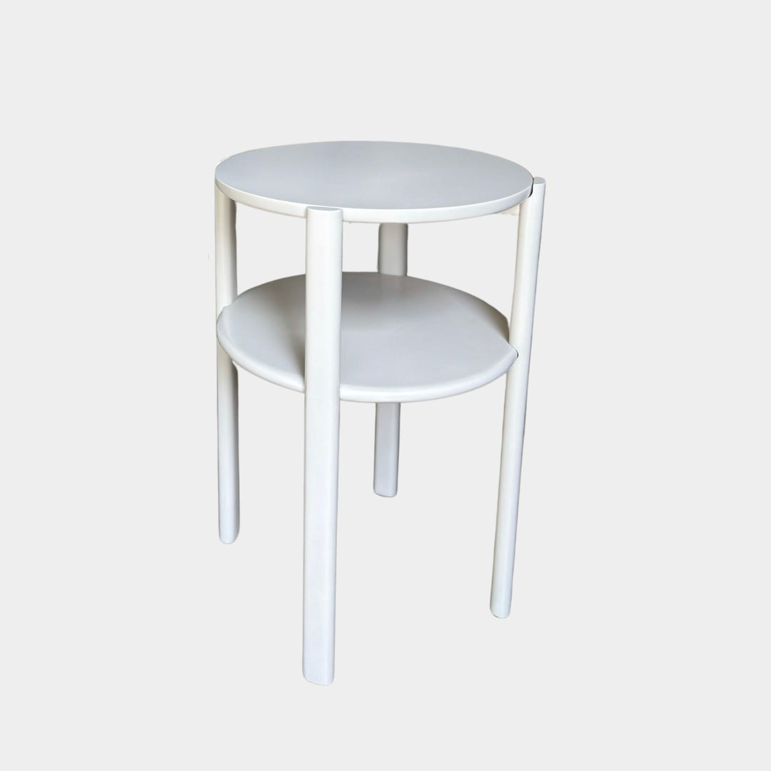 Solid wood  lacquered handmade bedside table. The double tiered nightstand is perfect for bedside storage in your bedroom. Works perfectly in walnut, maple, white oak, ash or ebonized oak next to your lounge chair or sofa. Hand crafted in Los Angeles, California.