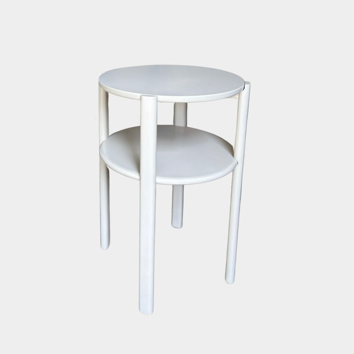 Solid wood  lacquered handmade bedside table. The double tiered nightstand is perfect for bedside storage in your bedroom. Works perfectly in walnut, maple, white oak, ash or ebonized oak next to your lounge chair or sofa. Hand crafted in Los Angeles, California.
