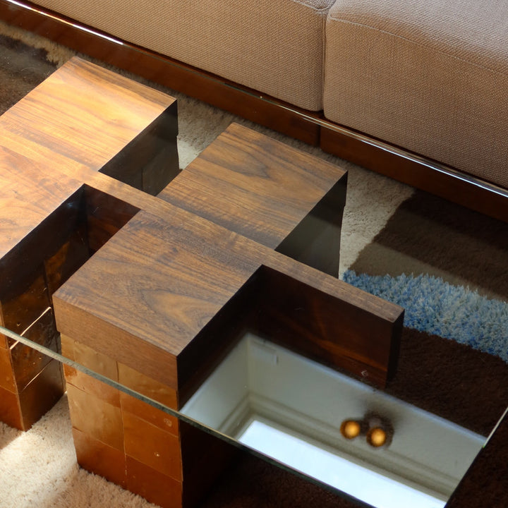 Custom zellige tiled coffee table for Sarah Carter with Moon House featuring a handmade walnut and clear rectangle glass top.