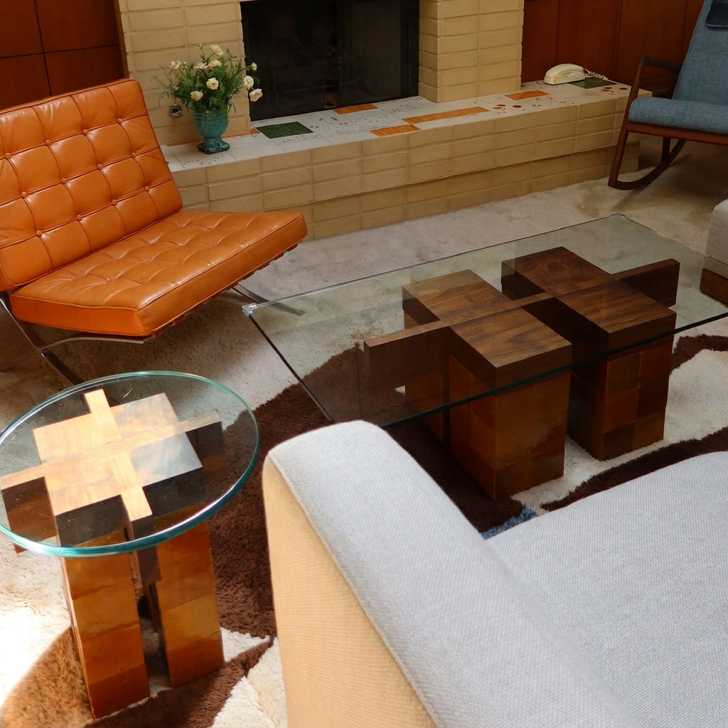 Pair of Custom zellige tiled coffee table and side table for Sarah Carter with Moon House featuring a handmade walnut and clear rectangle glass top.