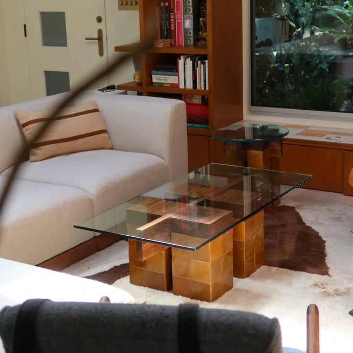 Custom zellige tiled coffee table for Sarah Carter with Moon House featuring a handmade walnut and clear rectangle glass top.