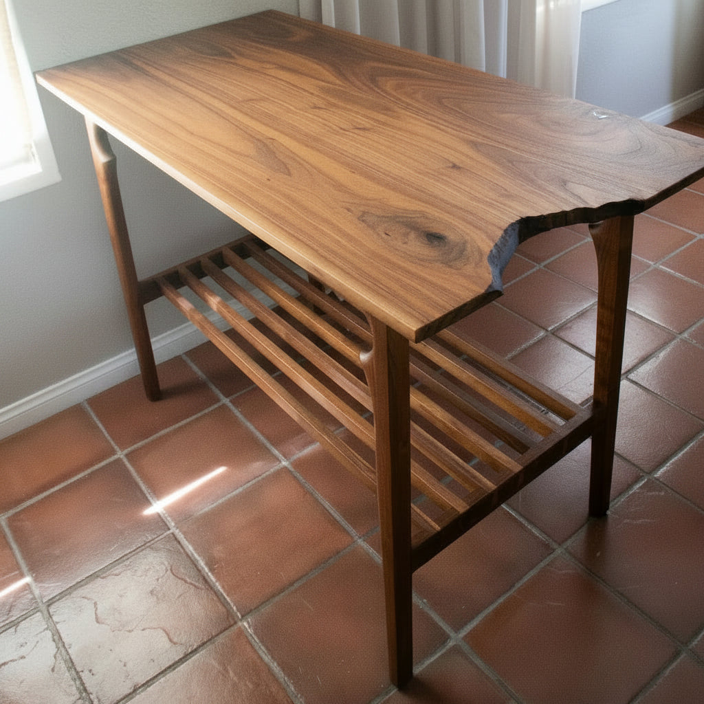 Solid Walnut wooden bread board or kitchen island with a slatted shelf for all of your cook books or produce baskets. 